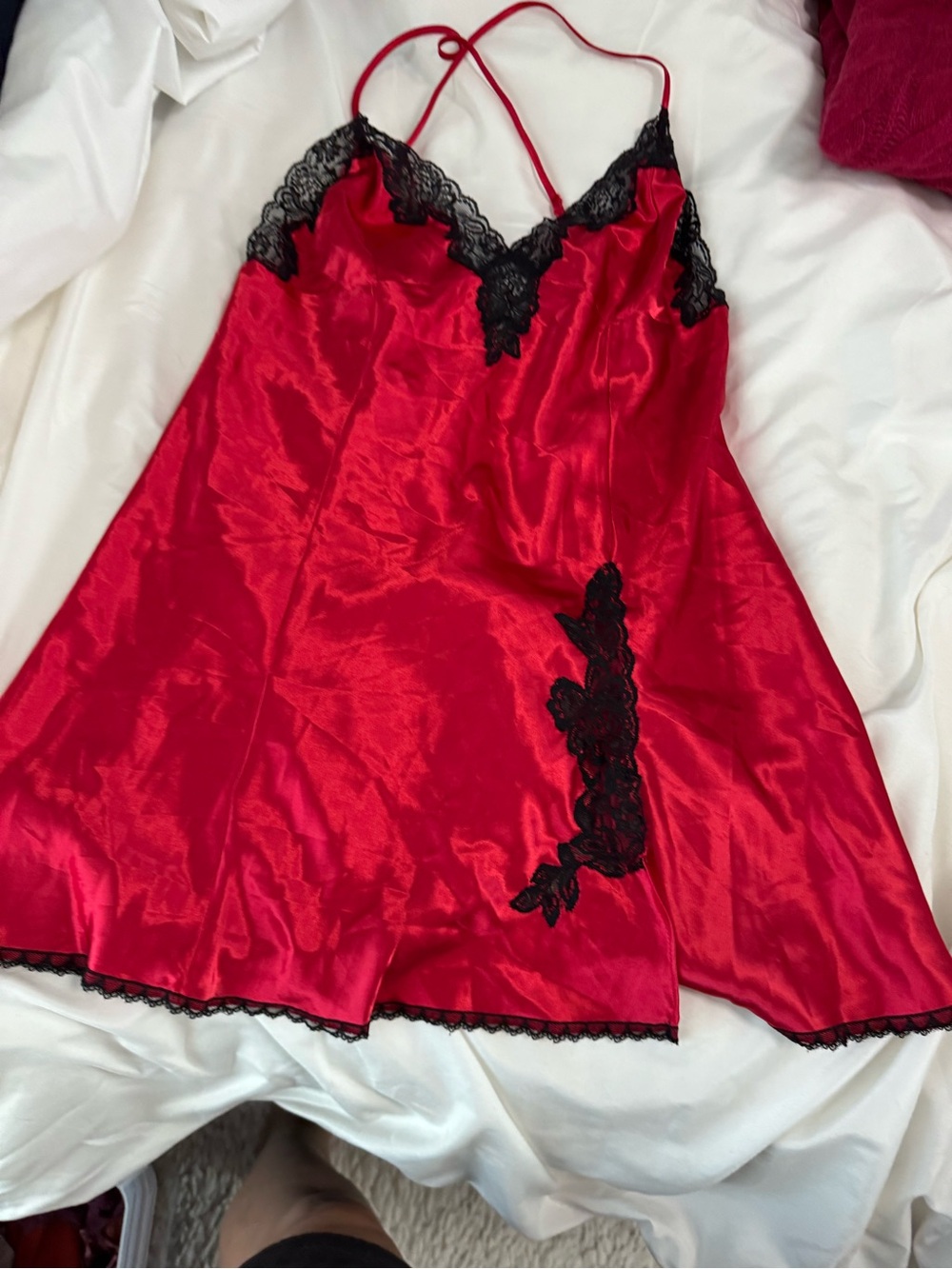 Frederick's of Hollywood Red Satin Chemise with Black Lace
